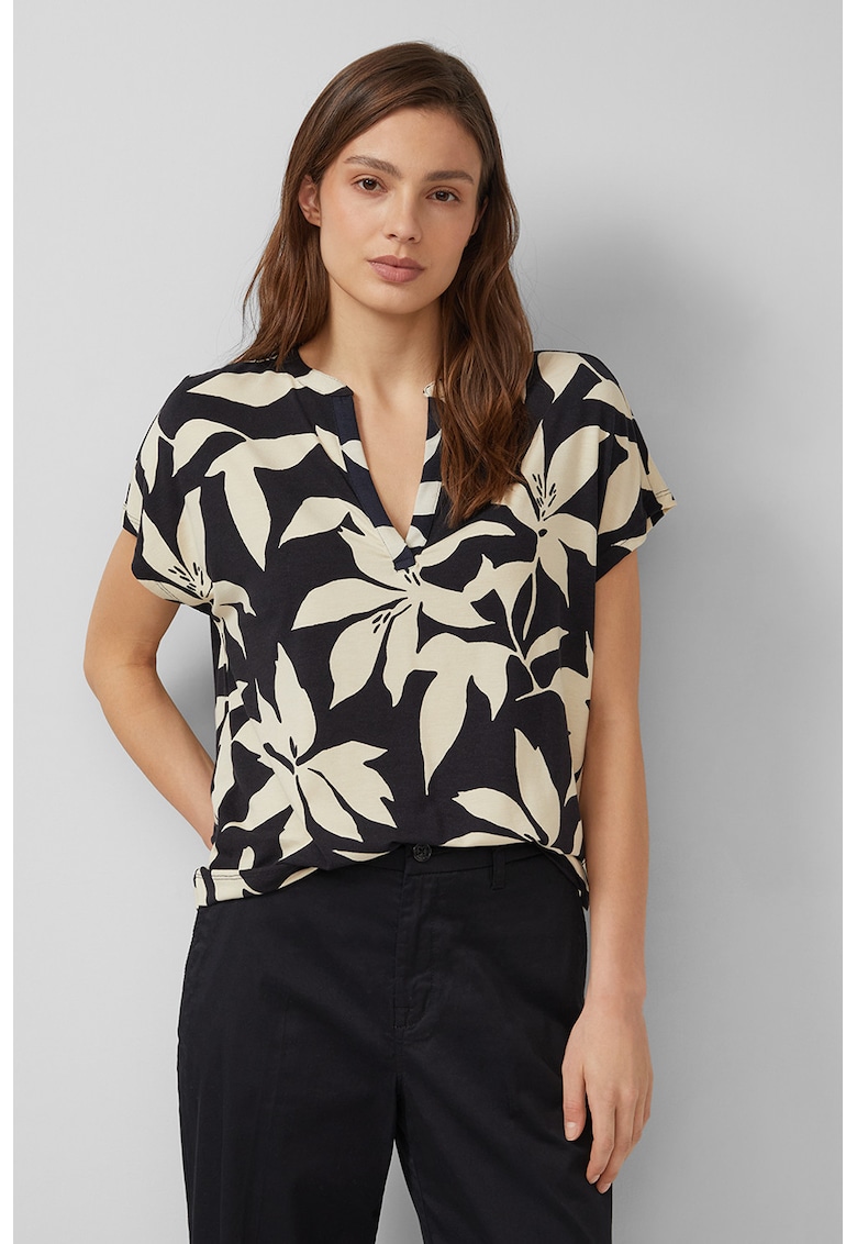 Bluza cu decolteu in V si model - Negru/Bej