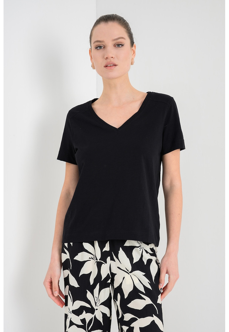 Tricou din bumbac cu decolteu in V - Negru