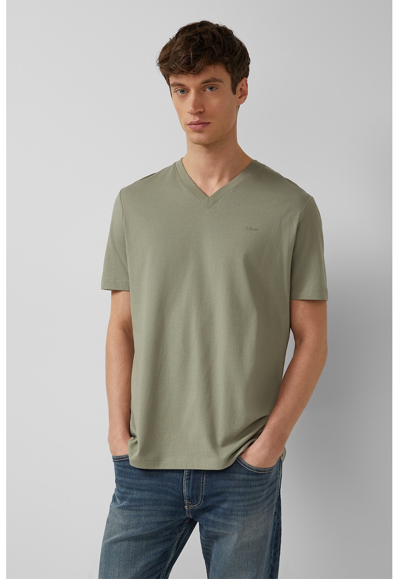 Tricou regular-fit cu decolteu in V - Verde feriga -