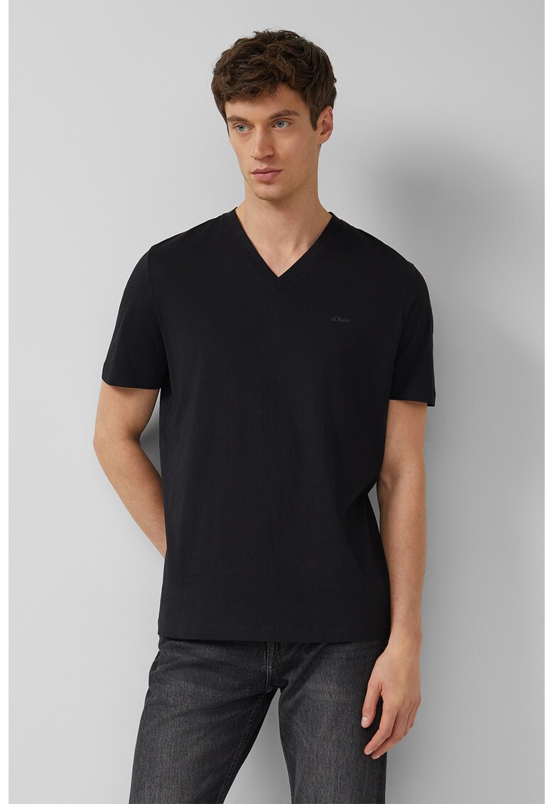Tricou regular-fit cu decolteu in V - Negru -