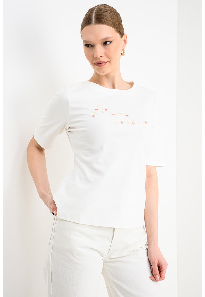 Tricou regular fit cu broderie si paiete - Alb murdar