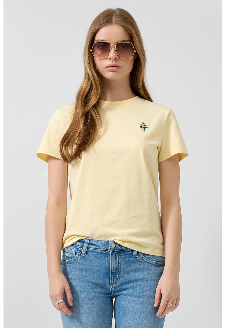 Tricou din bumbac cu broderie discreta cu model floral - Galben