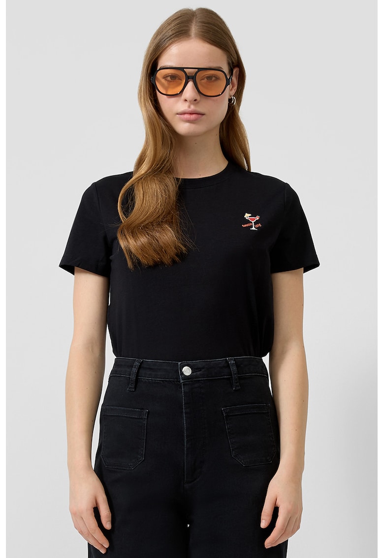 Tricou din bumbac cu broderie discreta cu model floral - Negru