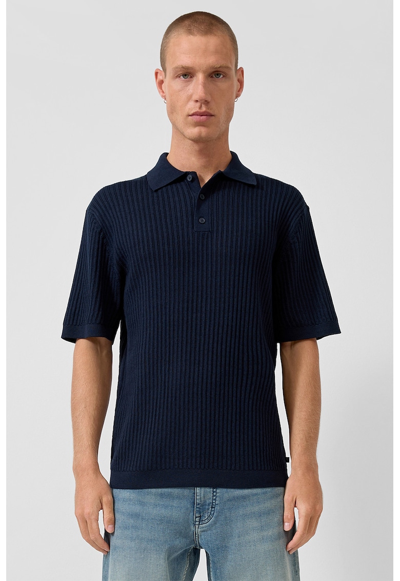 Tricou polo din amestec de in cu striatii - Bleumarin -