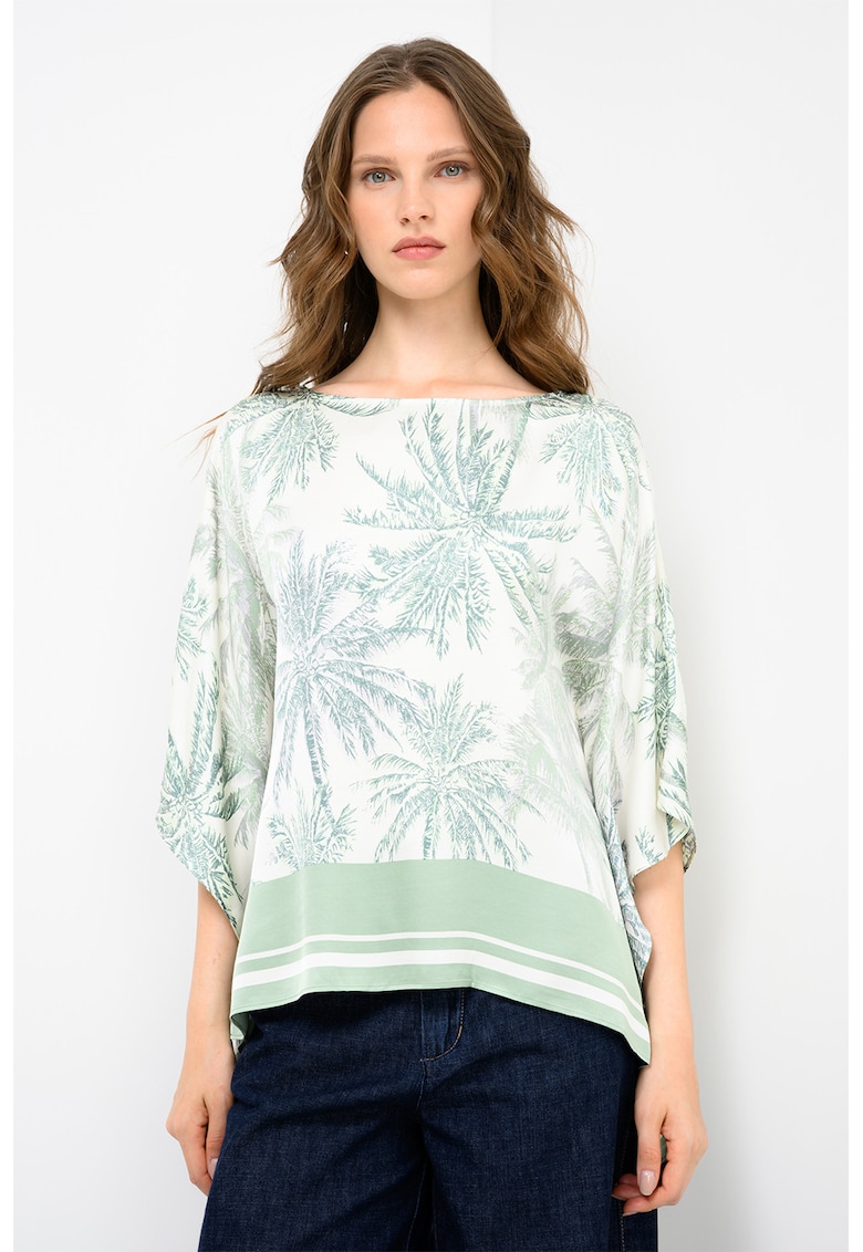Bluza cu aspect de satin - maneci evazate si model - Verde/Bej