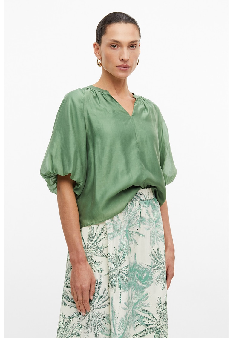 Bluza din amestec de lyocell si aspect de satin cu maneci bufante - Verde