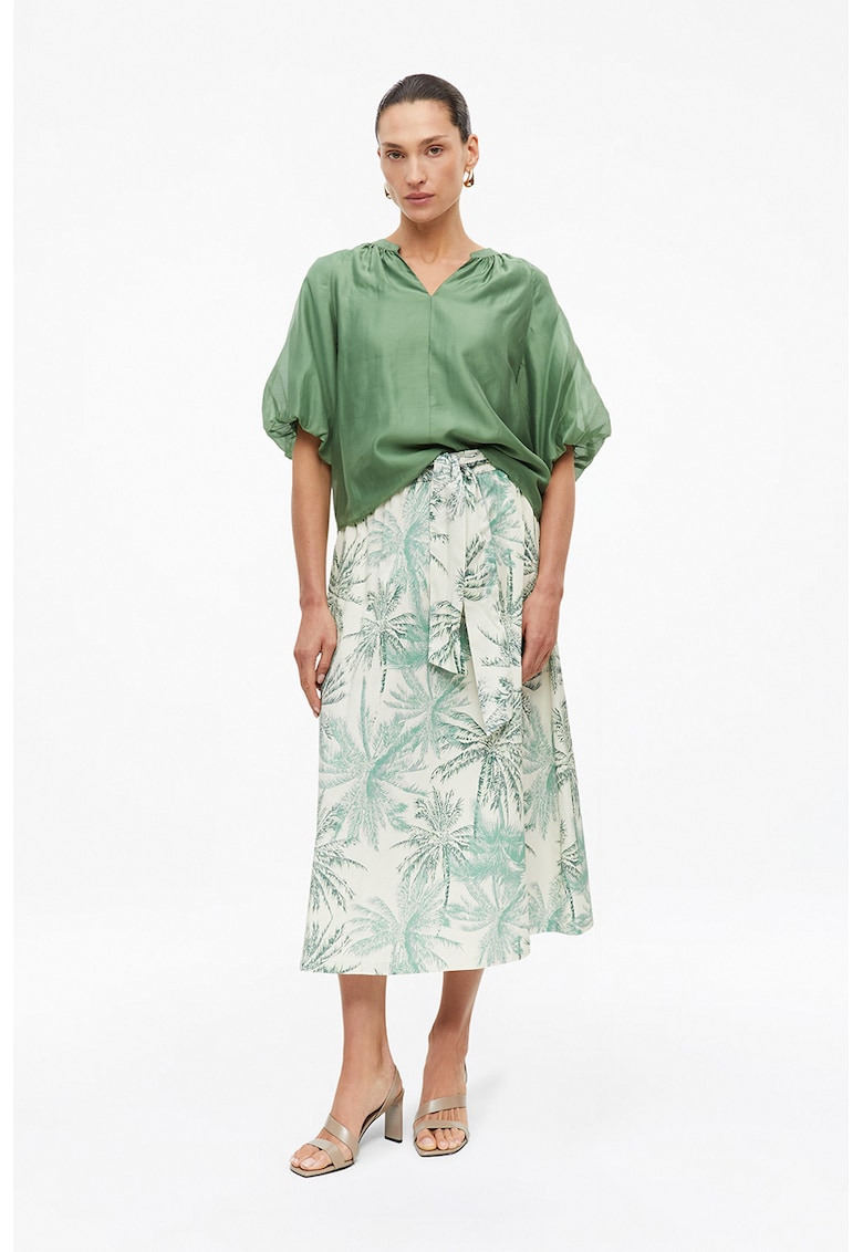 Fusta midi cu buzunare si imprimeu tropical - Alb/Verde