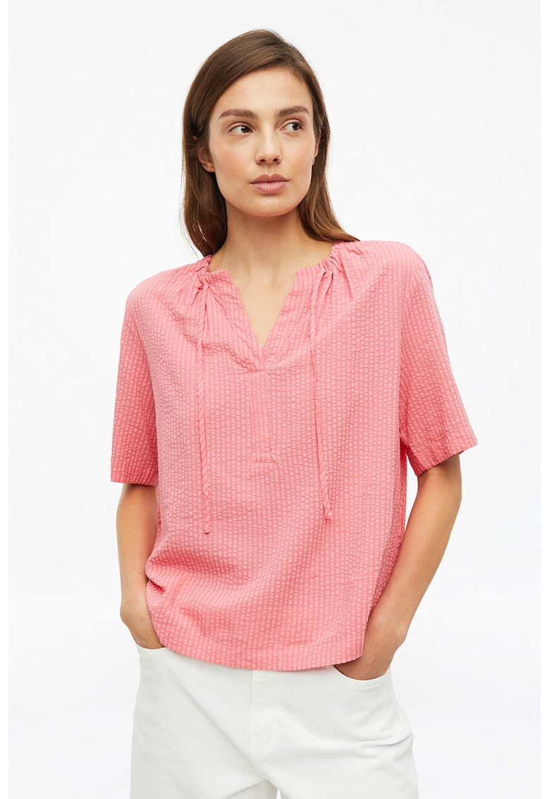 Bluza cu maneci medii cu prindere cu cordon la decolteu - Nude rose