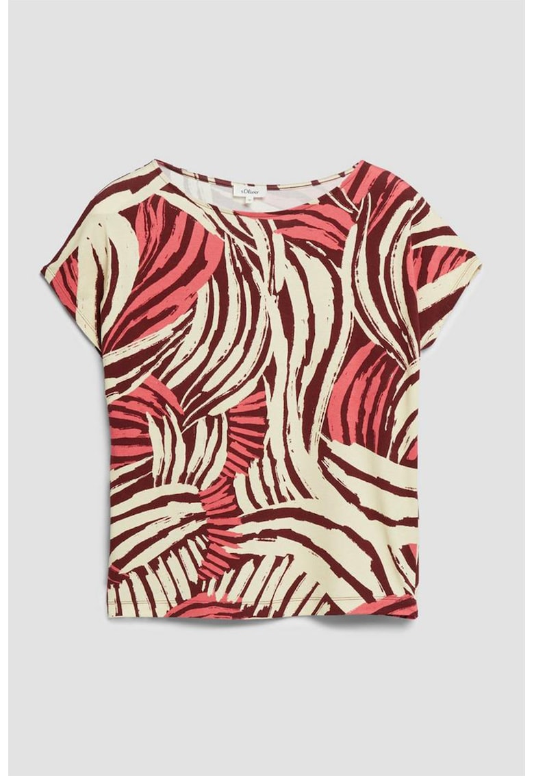 Tricou cu decolteu rotund si imprimeu - Visiniu/Roz/Crem