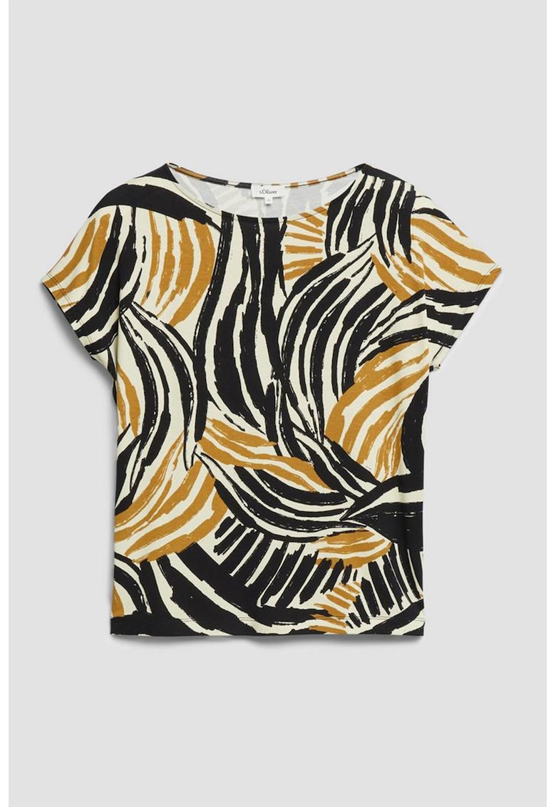 Tricou cu decolteu rotund si imprimeu - Alb/Negru/Galben mustar