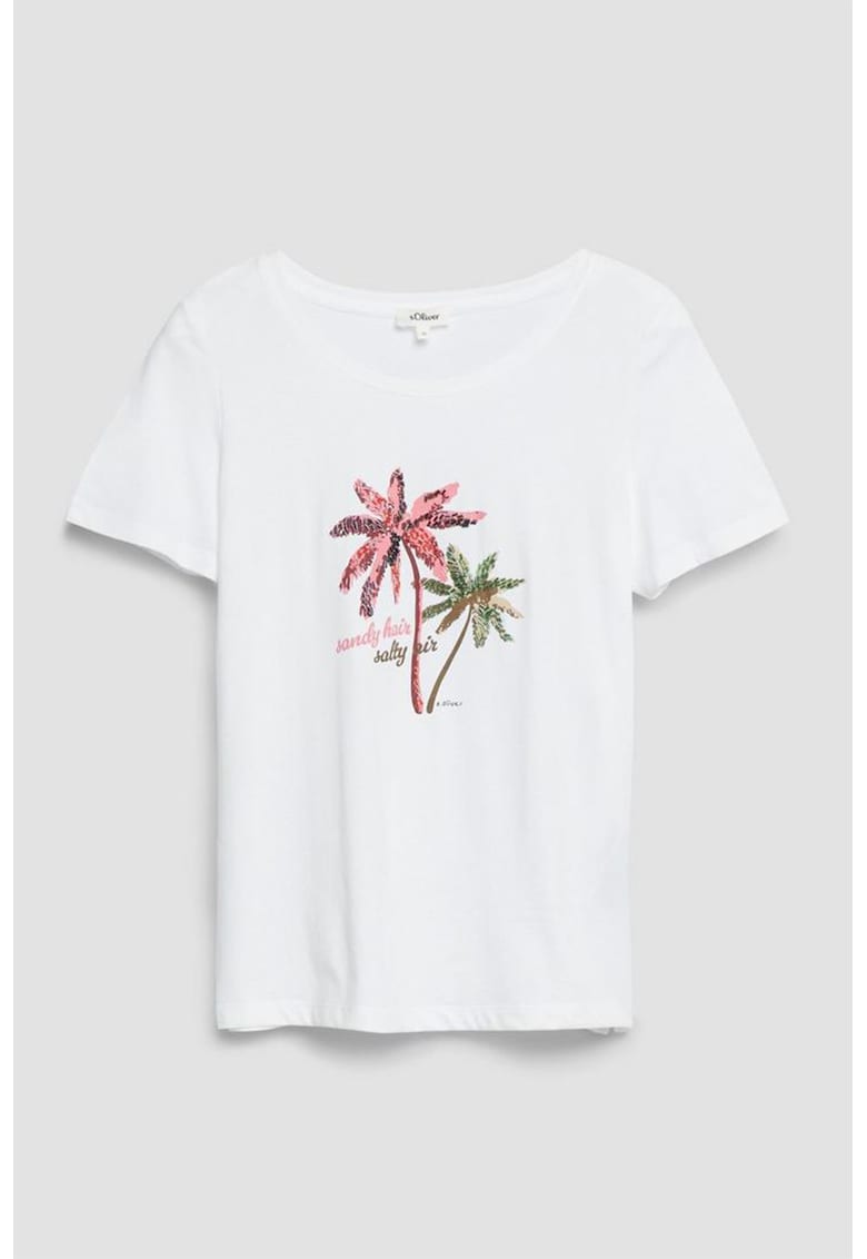 Tricou de bumbac cu margele - Alb/Verde/Roz