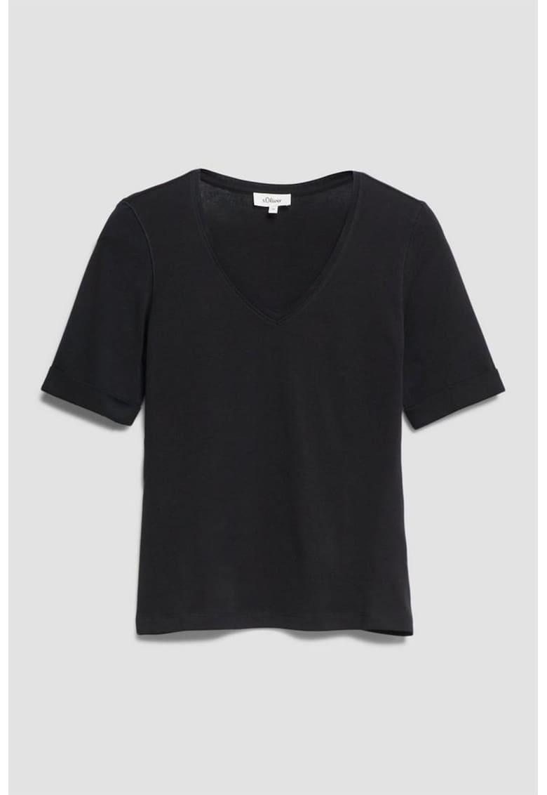 Tricou de bumbac cu decolteu in V - Negru