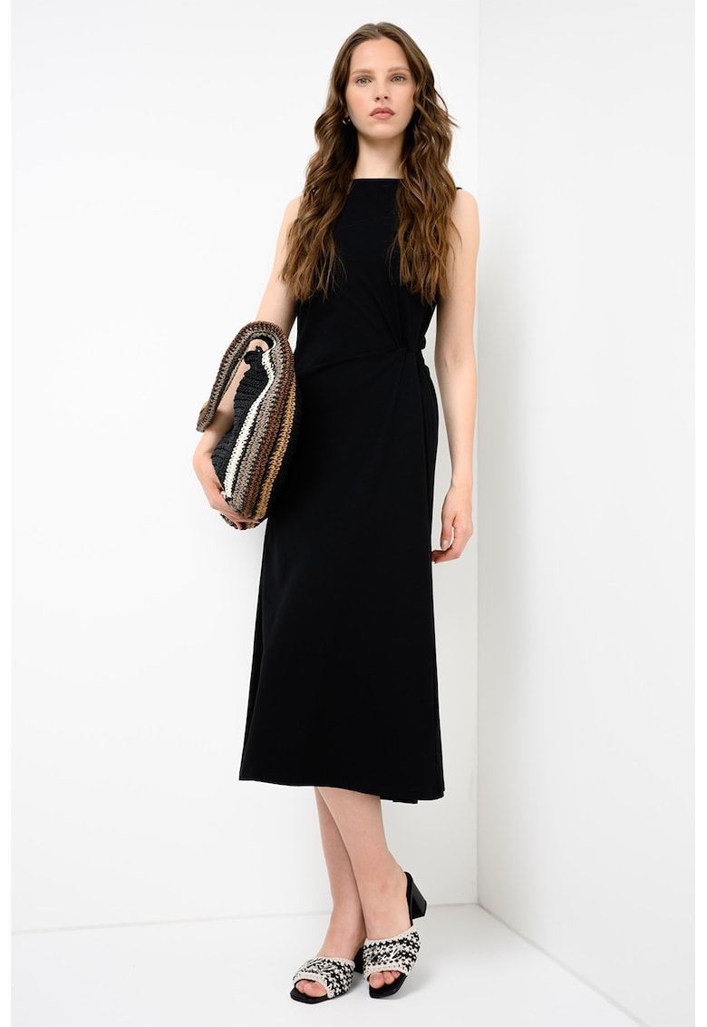 Rochie midi cu fronseu si model uni - Negru
