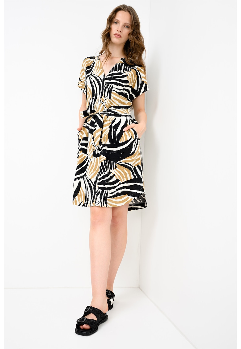 Rochie din amestec de in cu inchidere cu cordon - Negru/Kaki/Bej deschis