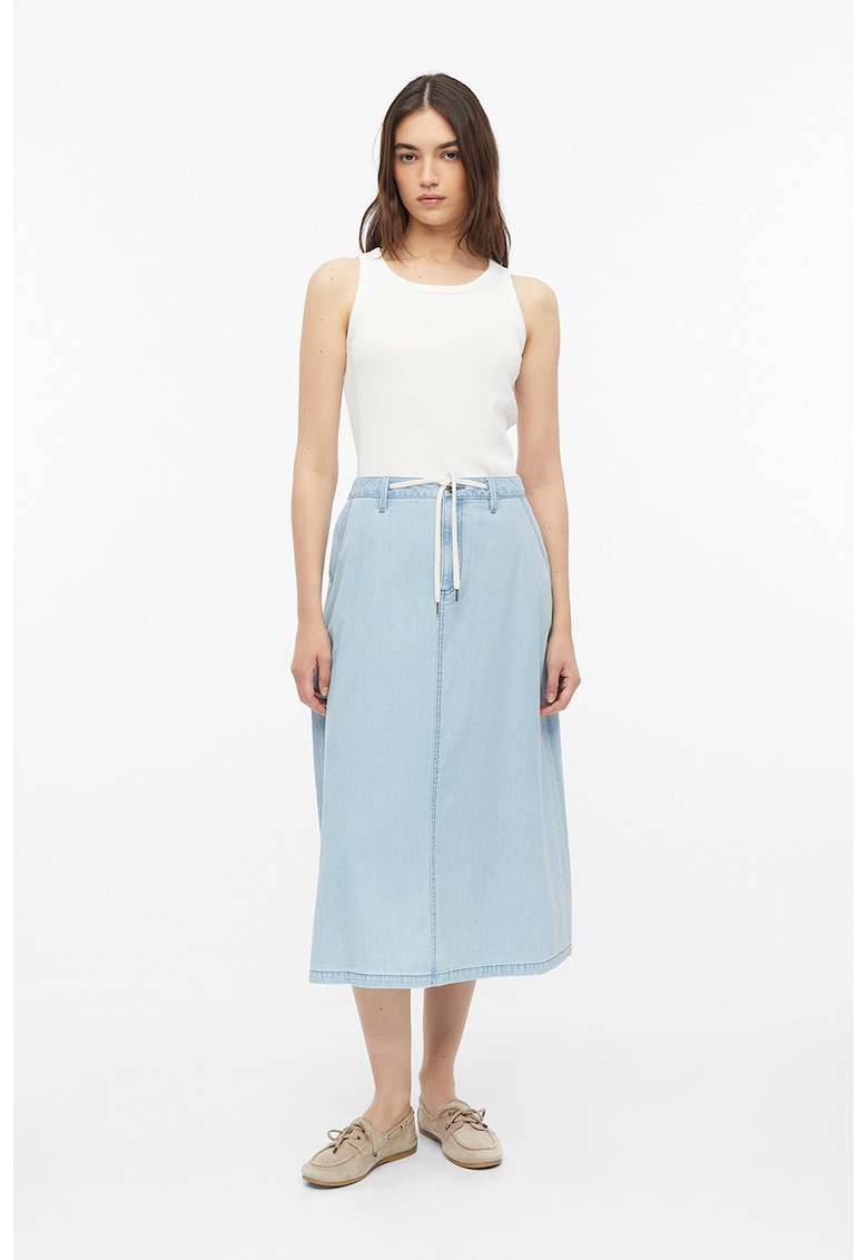 Fusta midi din denim cu snur in talie - Albastru pastel