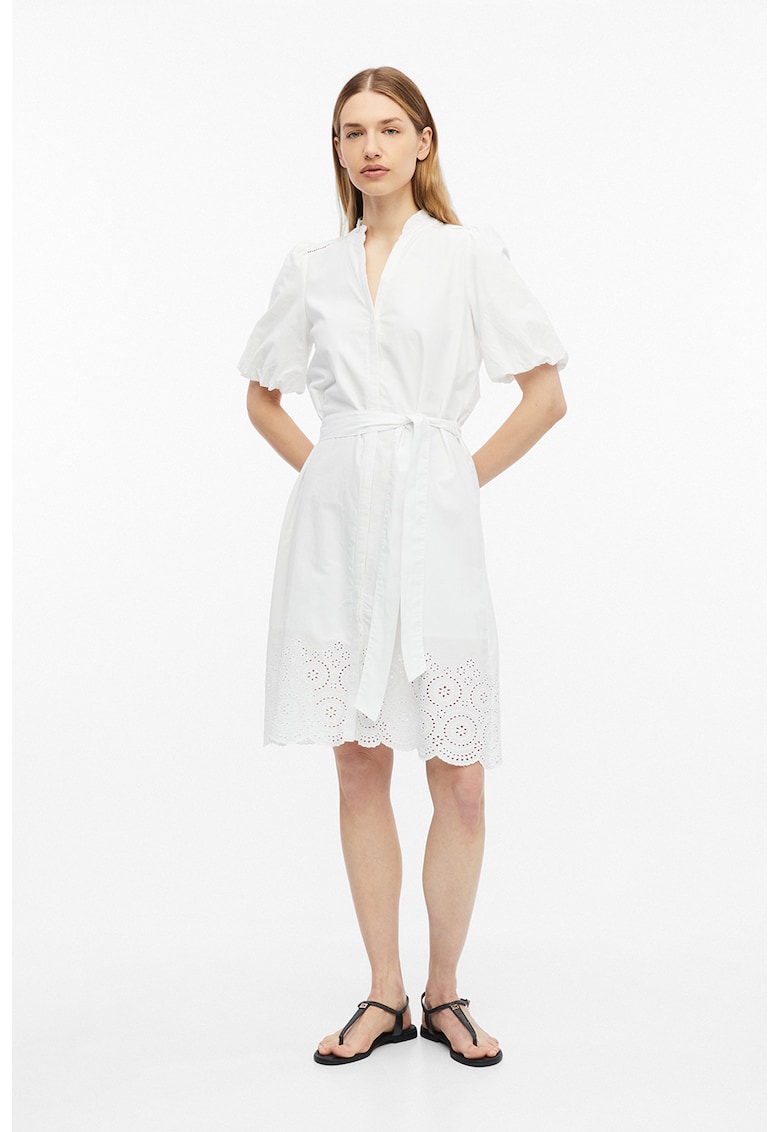 Rochie-camasa cu broderie si maneci bufante - Alb optic