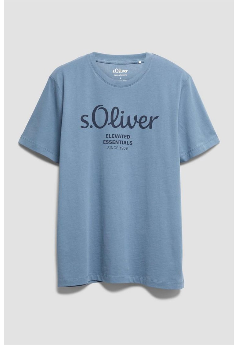 Tricou cu imprimeu logo si decolteu la baza gatului - Albastru prafuit