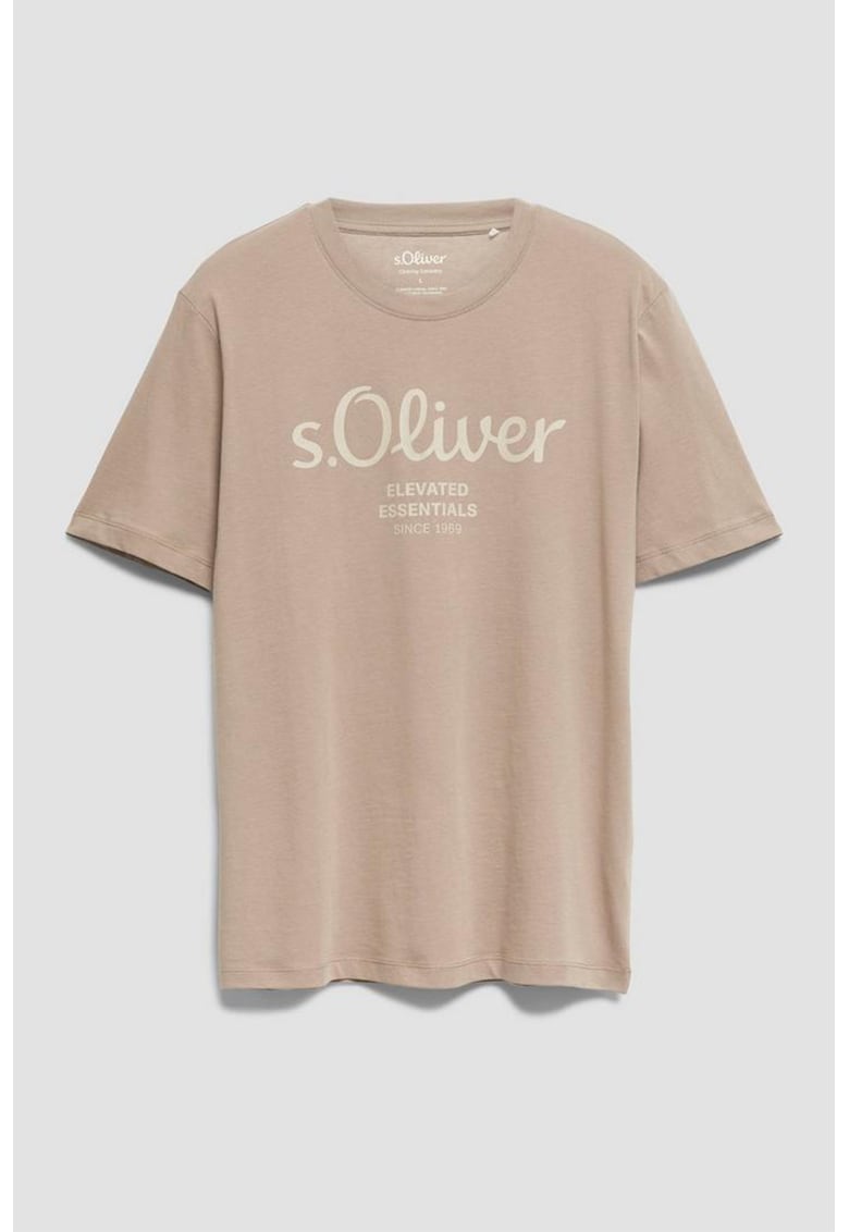 Tricou cu imprimeu logo si decolteu la baza gatului - Maro camel