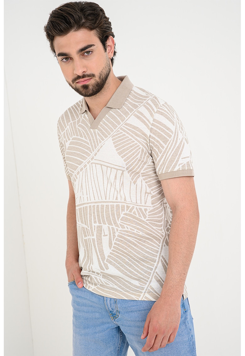 Tricou polo din amestec de in cu croiala slim-fit - Alb fildes/Bej deschis