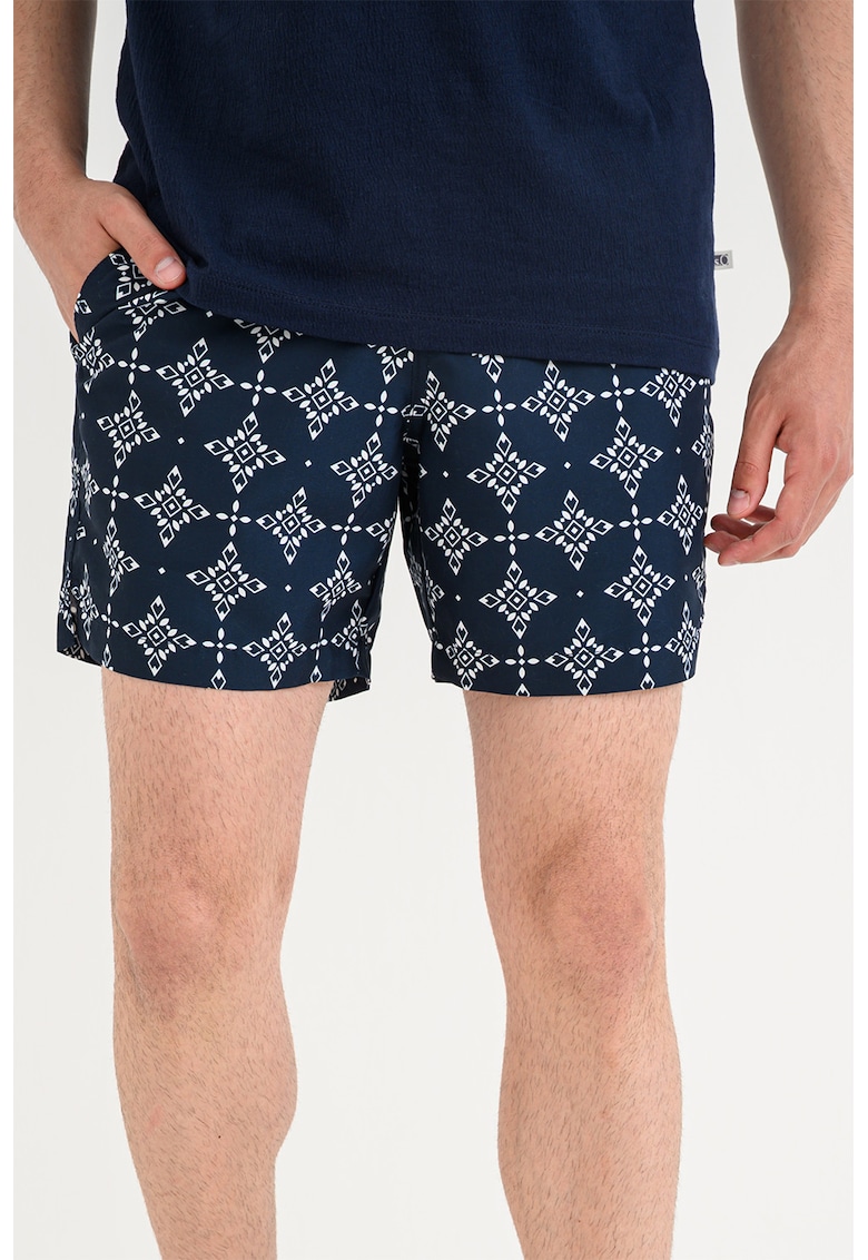 Pantaloni scurti de baie cu snururi si imprimeu - Bleumarin