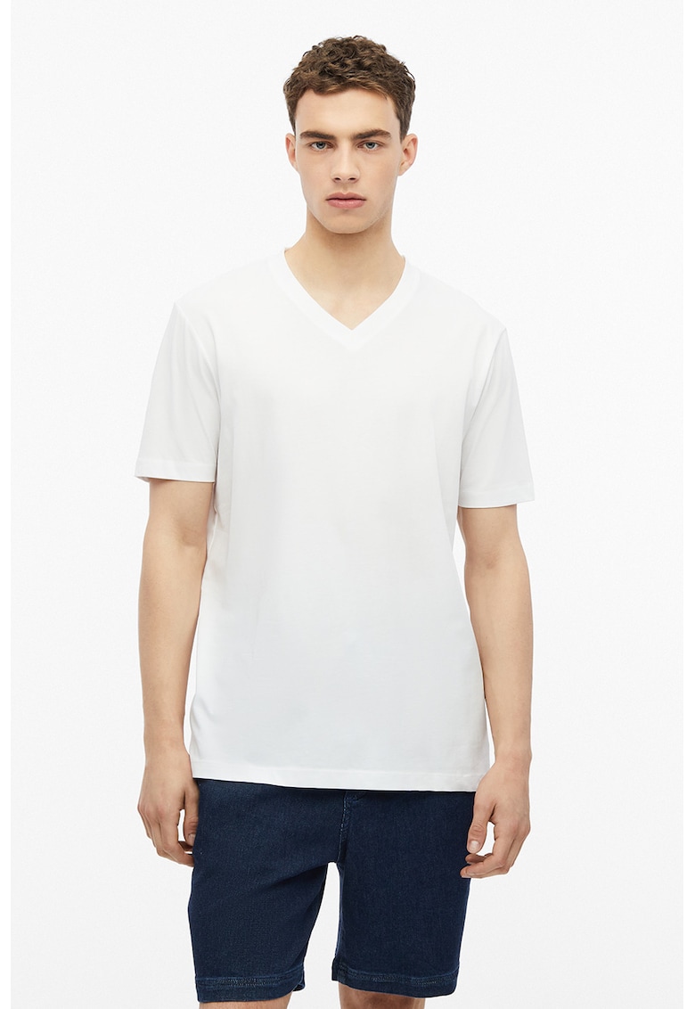 Tricou de bumbac cu decolteu in V - Alb murdar