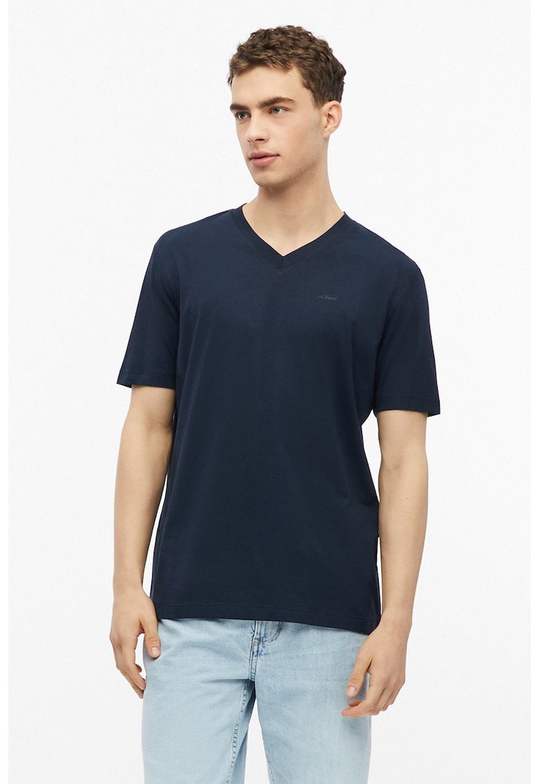 Tricou de bumbac cu decolteu in V - Albastru inchis