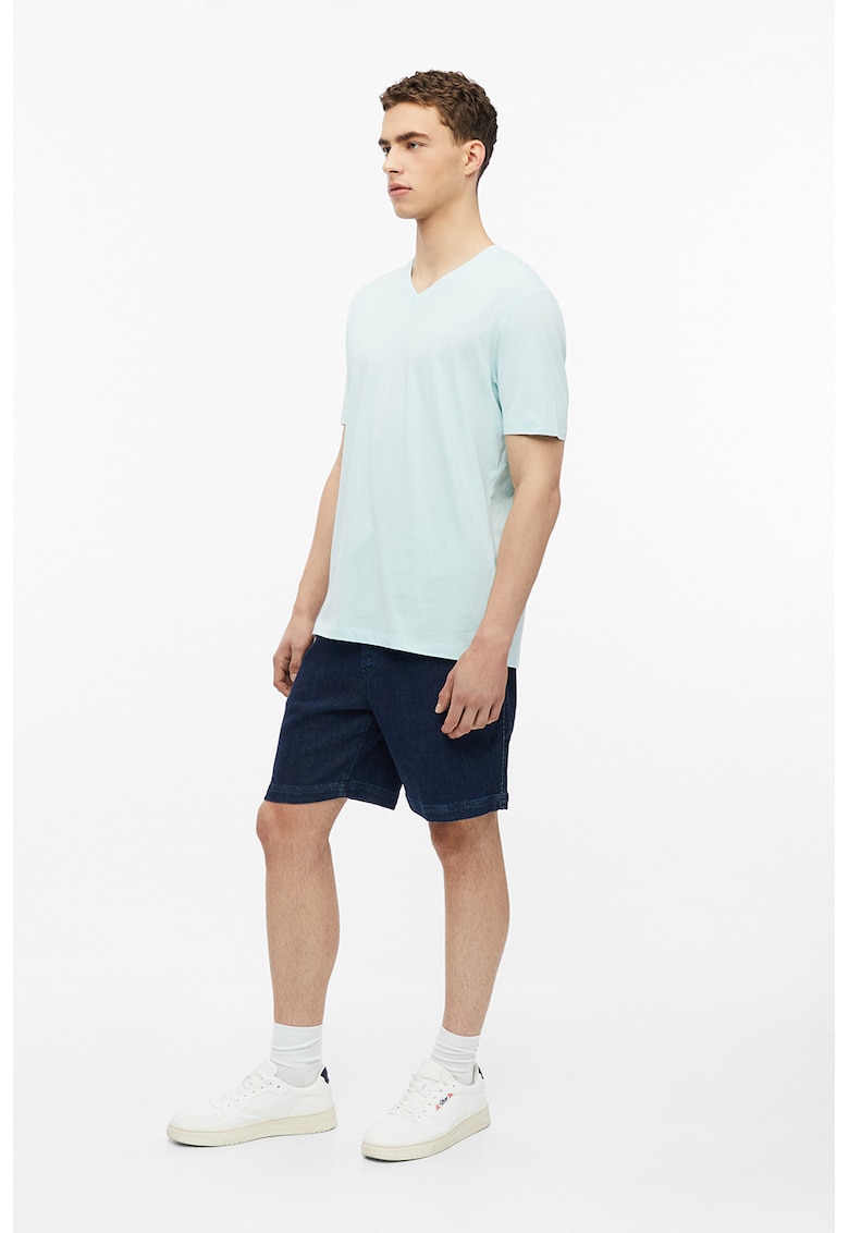 Tricou de bumbac cu decolteu in V - Albastru azur