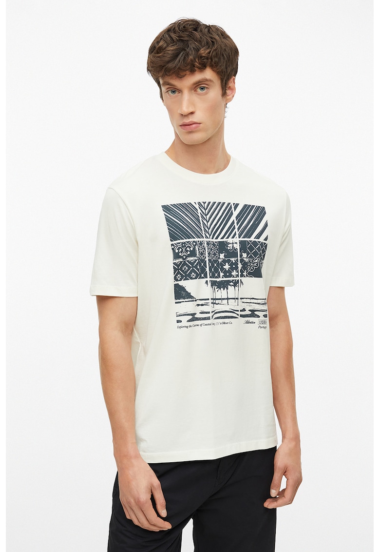Tricou cu decolteu la baza gatului si imprimeu grafic - Alb murdar