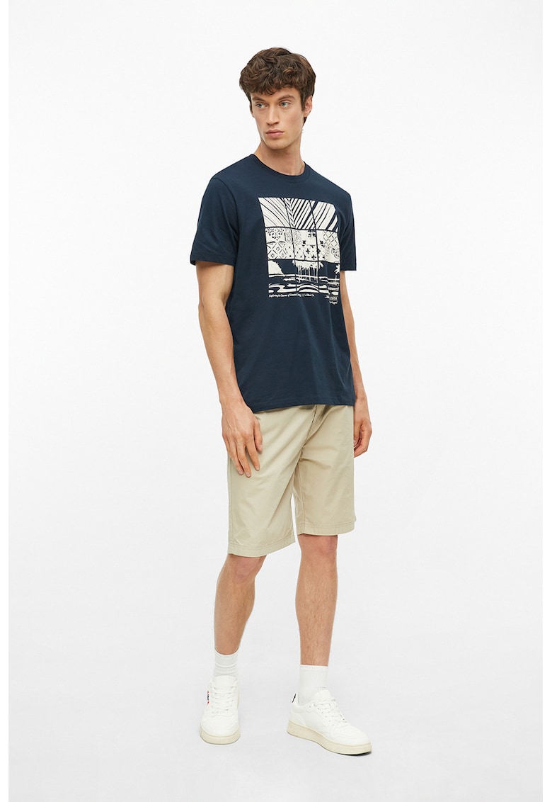 Tricou cu decolteu la baza gatului si imprimeu grafic - Alb murdar/Bleumarin