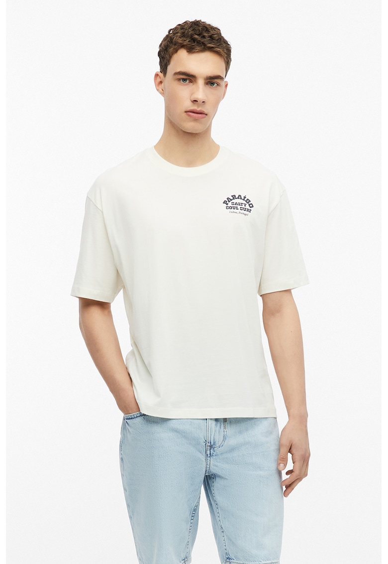 Tricou cu decolteu la baza gatului si imprimeu pe spate - Alb murdar