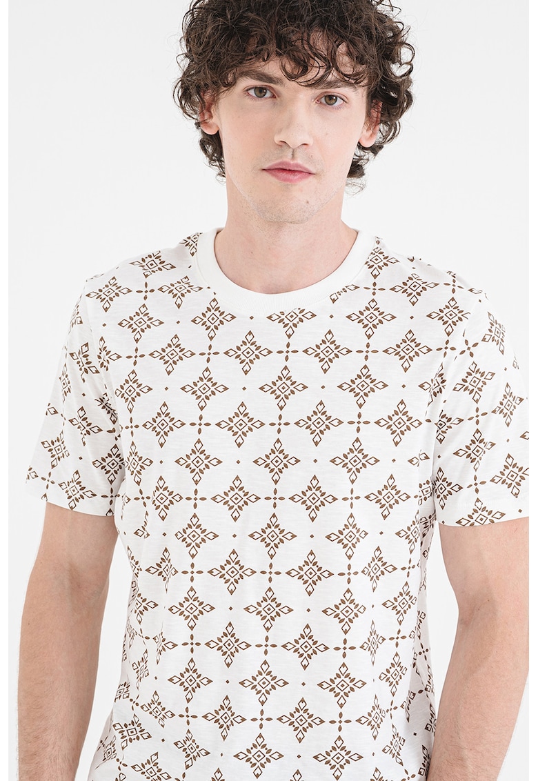 Tricou de bumbac cu model Flame - Maro inchis/Alb murdar