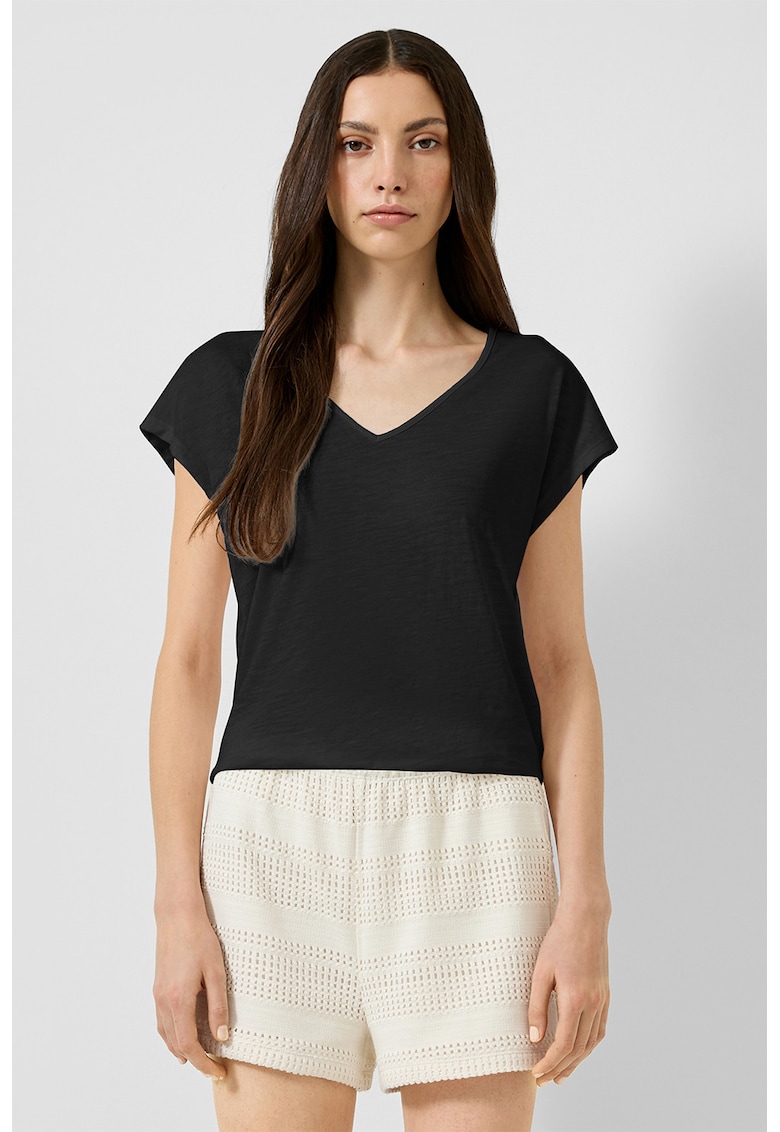 Tricou cu decolteu in V - decupaje si insertii brodate - Negru