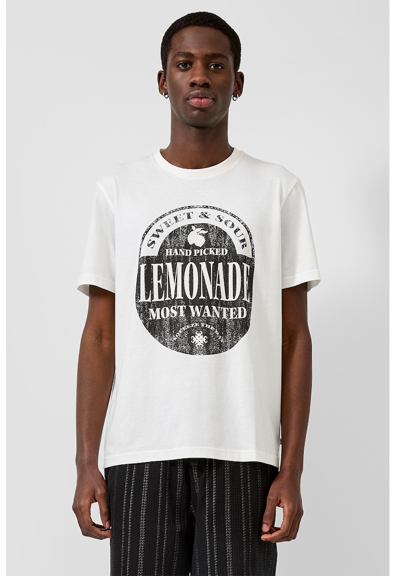 Tricou cu imprimeu text si decolteu la baza gatului - Alb/Negru