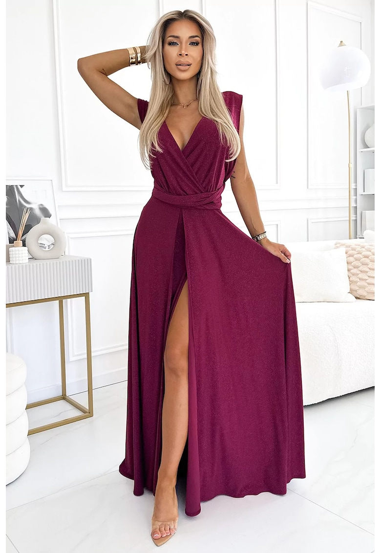 Rochie maxi stralucitoare cu decolteu petrecut - Visiniu