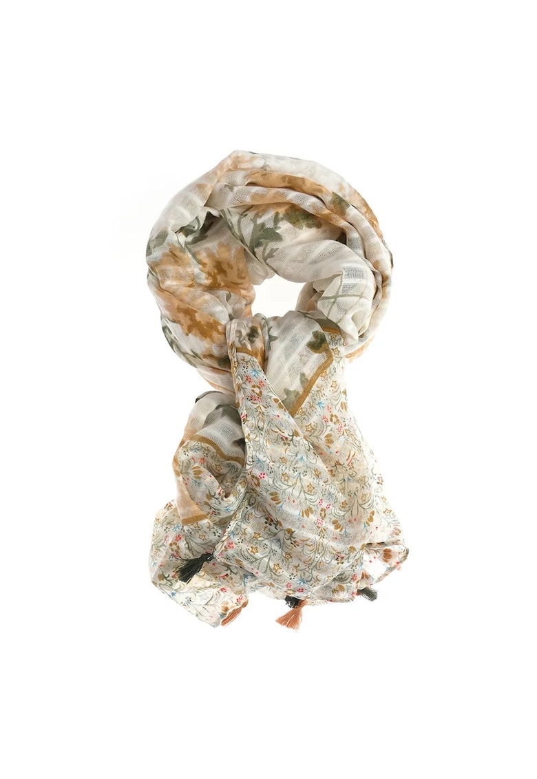 Esarfa cu imprimeu floral pastel si ciucuri decorativi