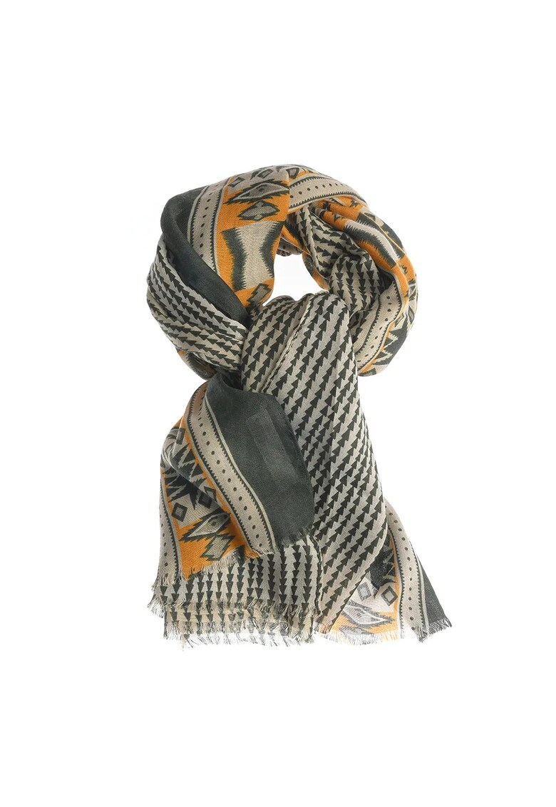 Esarfa cu model tribal in tonuri de galben si gri