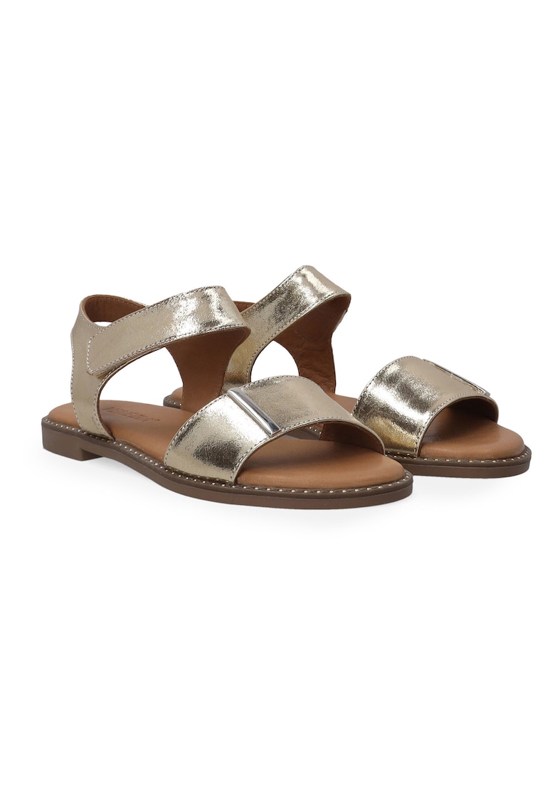 Sandale din piele cu inchidere velcro si aspect metalizat