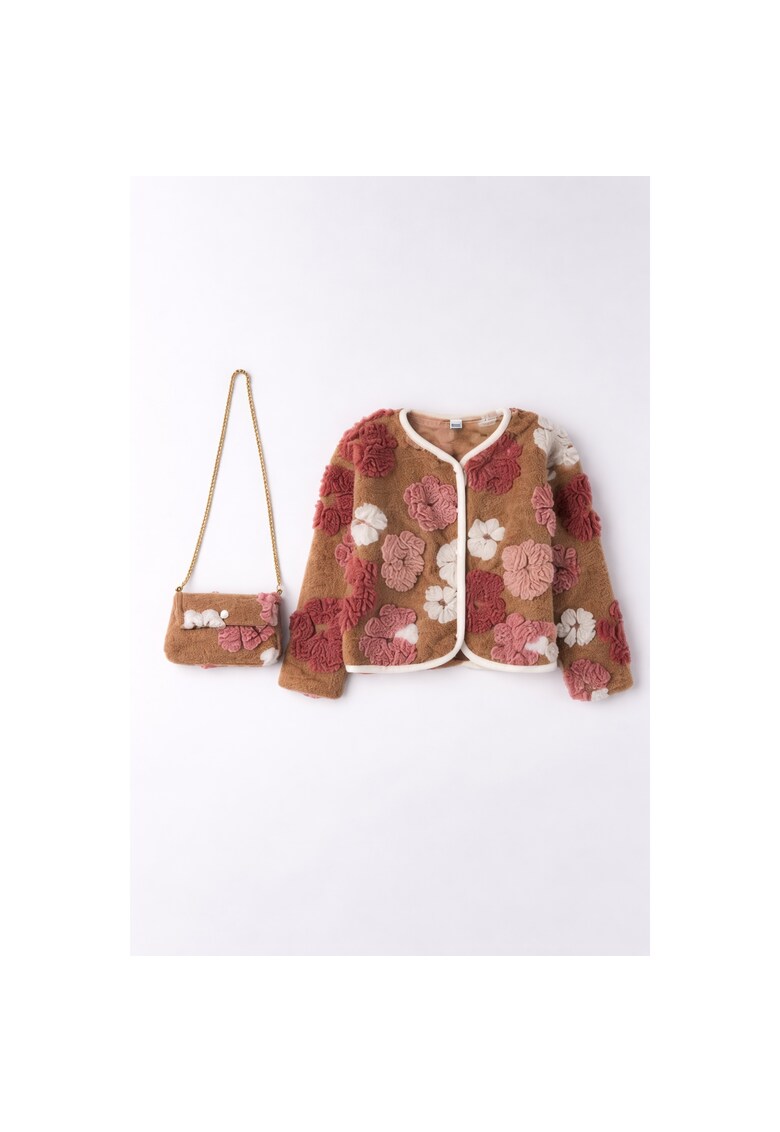 Jacheta fete cu broderie florala - set cu poseta - maro/roz -