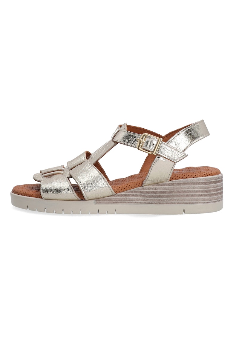 Sandale din piele cu talpa wedge si aspect metalizat