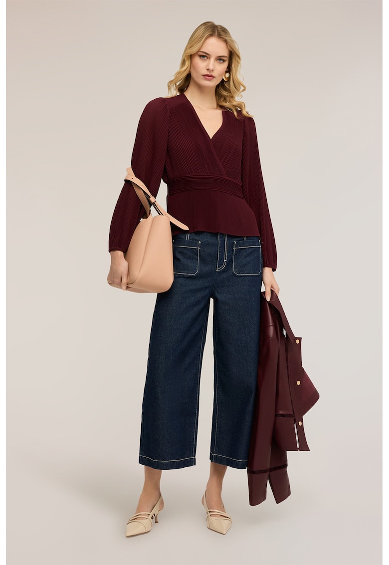 Bluza cu decolteu cache-coeur si model plisat - Rosu inchis