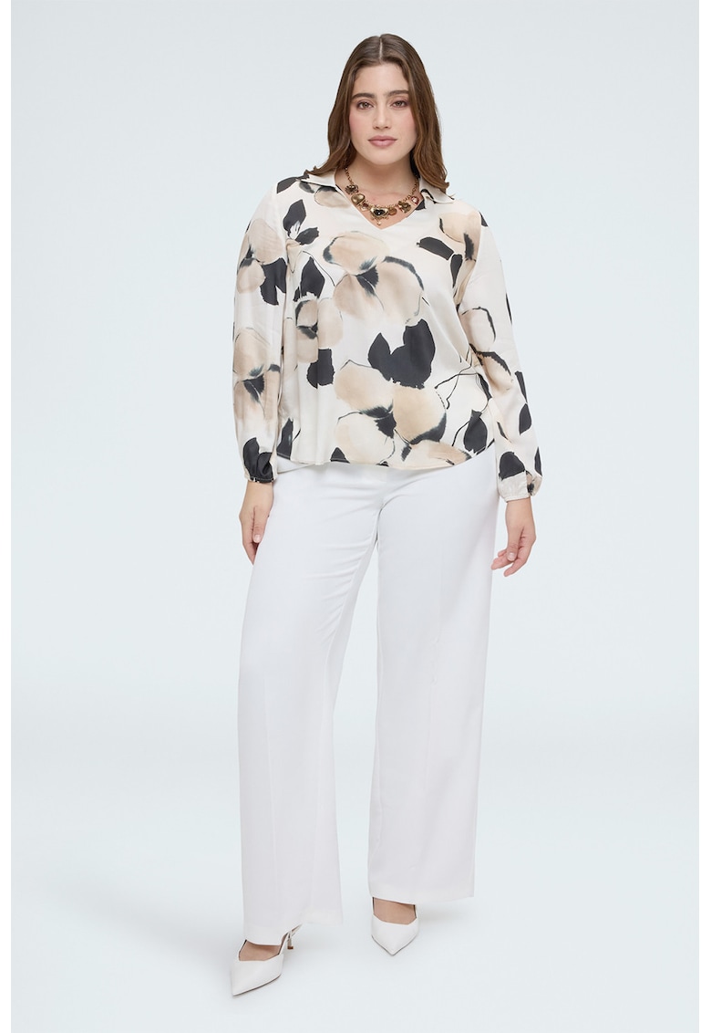 Bluza cu model - guler ascutit si decolteu in V - Negru/Crem