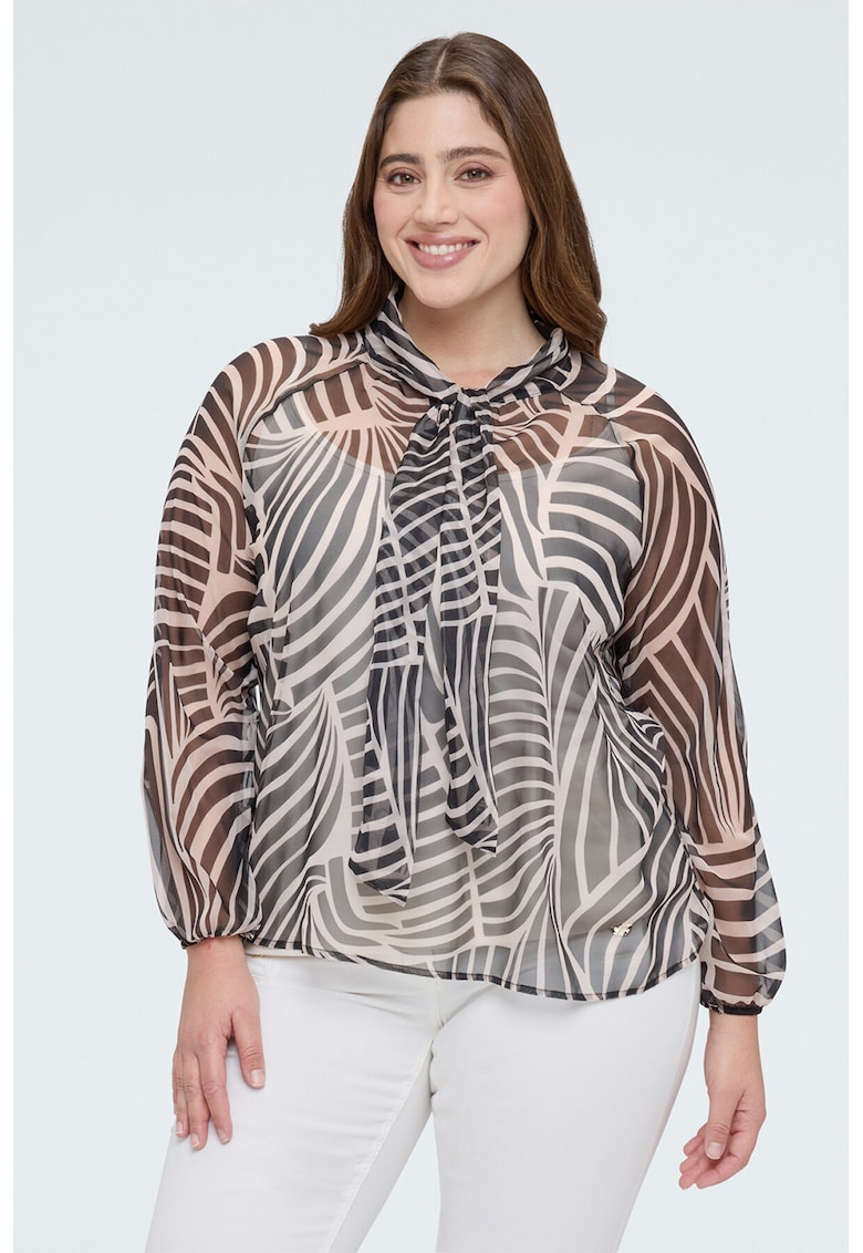 Bluza semitransparenta cu guler funda din panglici - Negru/Maro/Gri