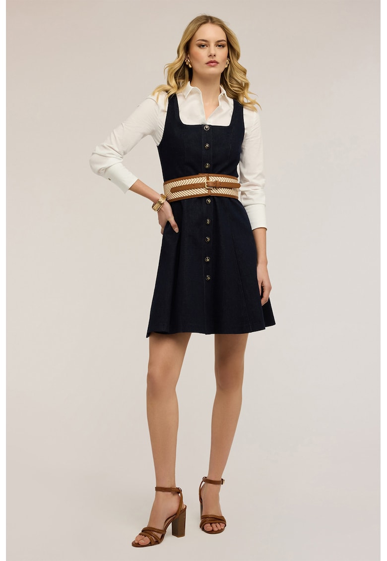 Rochie evazata din amestec de bumbac - Auriu/Albastru ultramarin