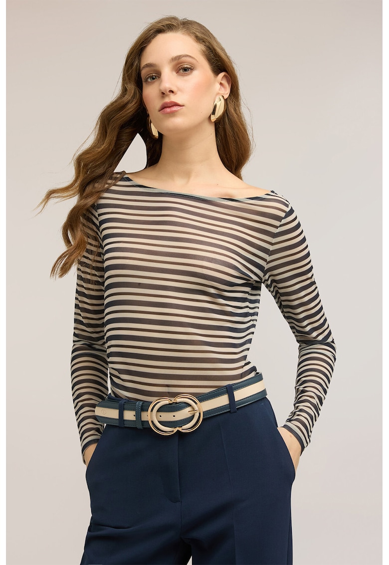 Bluza in dungi cu decolteu rotund - Negru/Bej