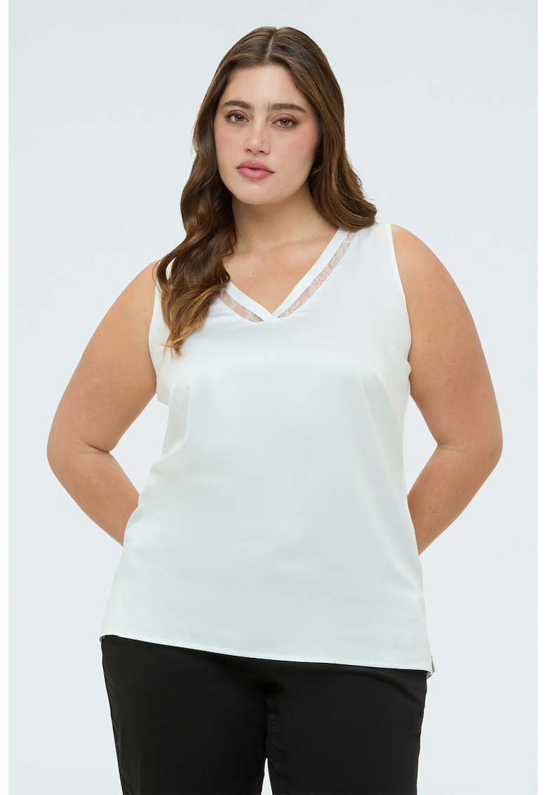 Top cu aspect de satin si insertii din dantela - Alb
