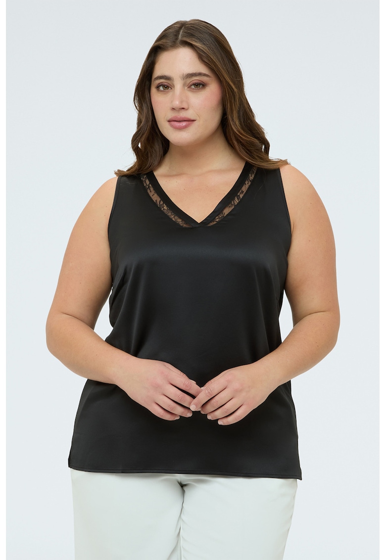 Top cu aspect de satin si insertii din dantela - Negru