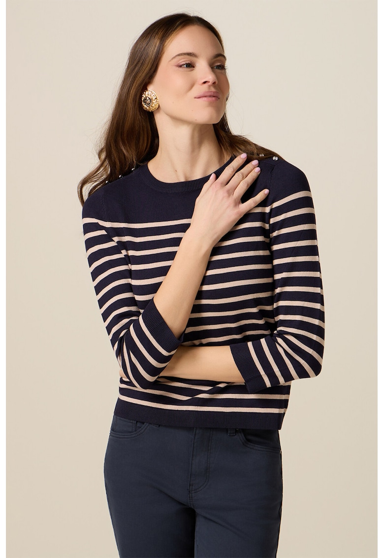 Pulover cu model in dungi si nasturi-bijuterie - Bej/Bleumarin