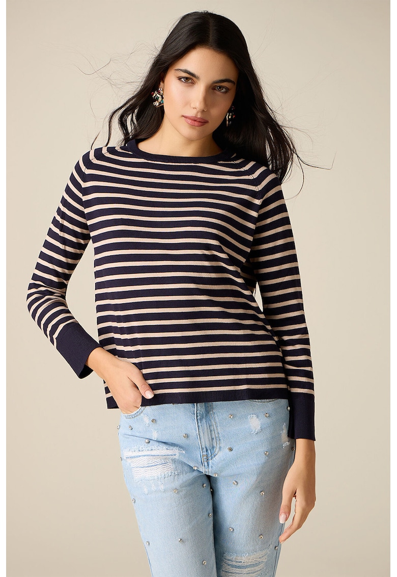 Pulover cu nasturi pe partea din spate si model in dungi - Bej/Bleumarin