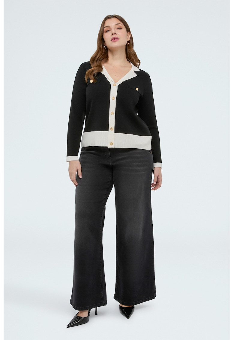 Sacou tricotat fin cu nasturi - Alb/Negru