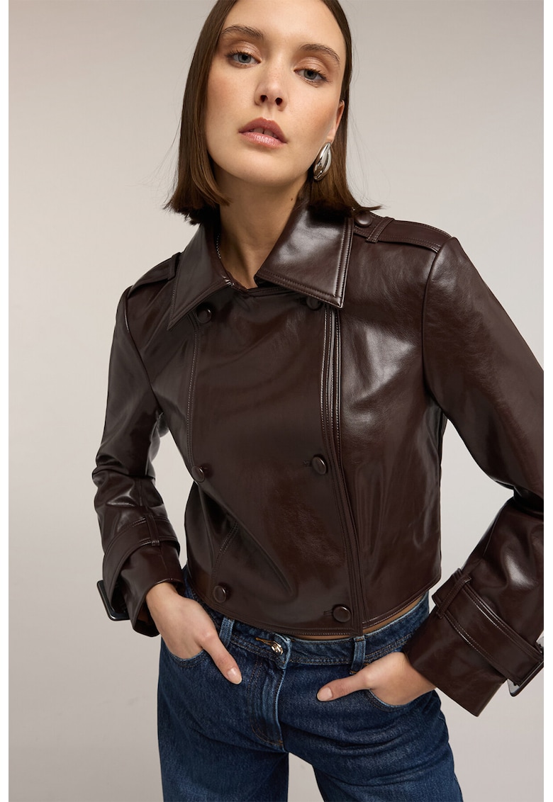 Jacheta crop din piele sintetica - Maro cognac